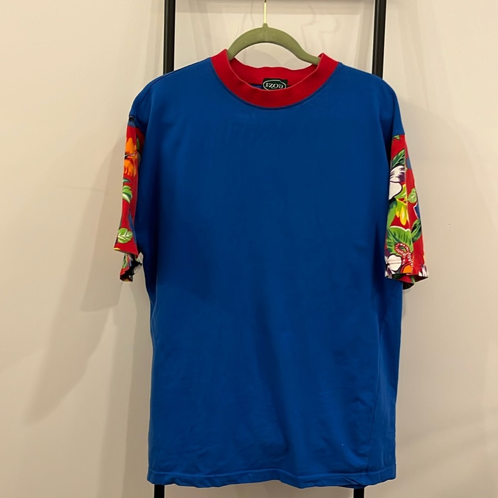 Vintage Izod Cotton Floral Sleeve Blue Red Top T-shirt Adult Size L